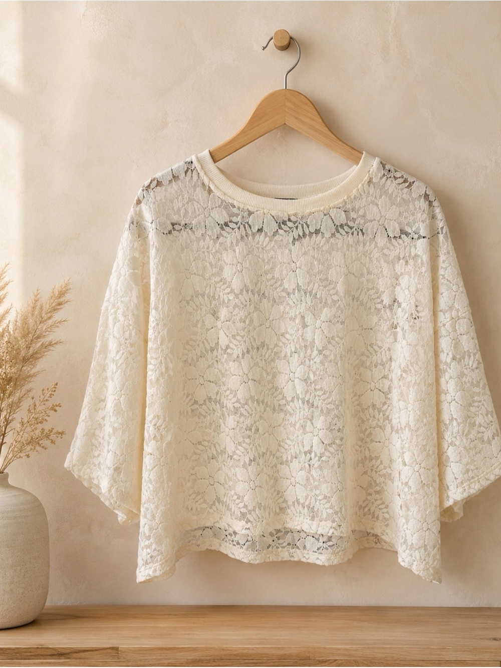 Davi & Dani Lace Oversized Crewneck Top in Off White SZ 1XL P2P 28’